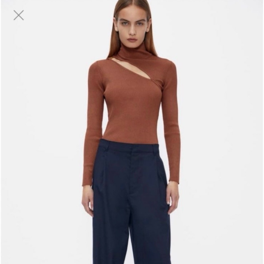 Zara Cut out Knit mock neck metal detail ribbed top burgundy burnt orange